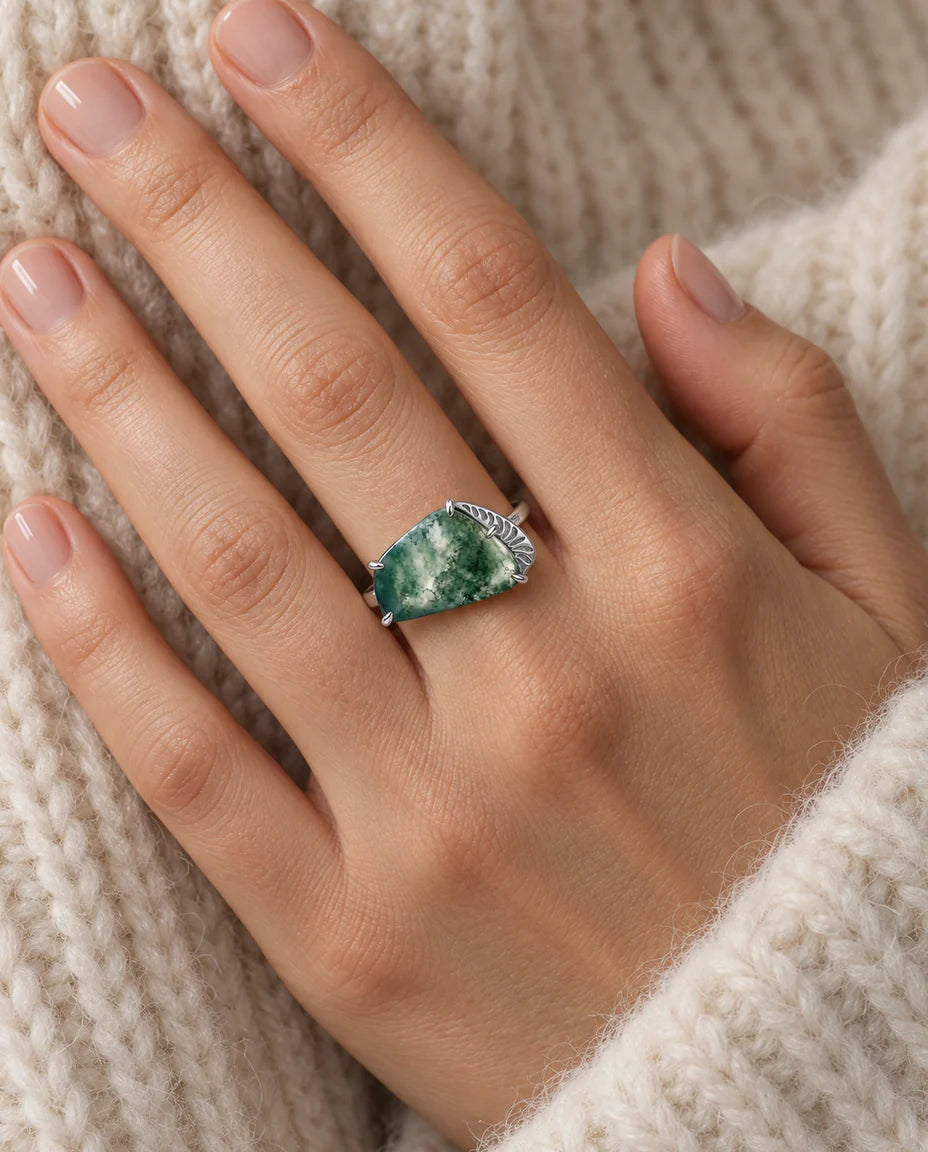 Natural Moss Agate Ring - worn on the hand, close-up