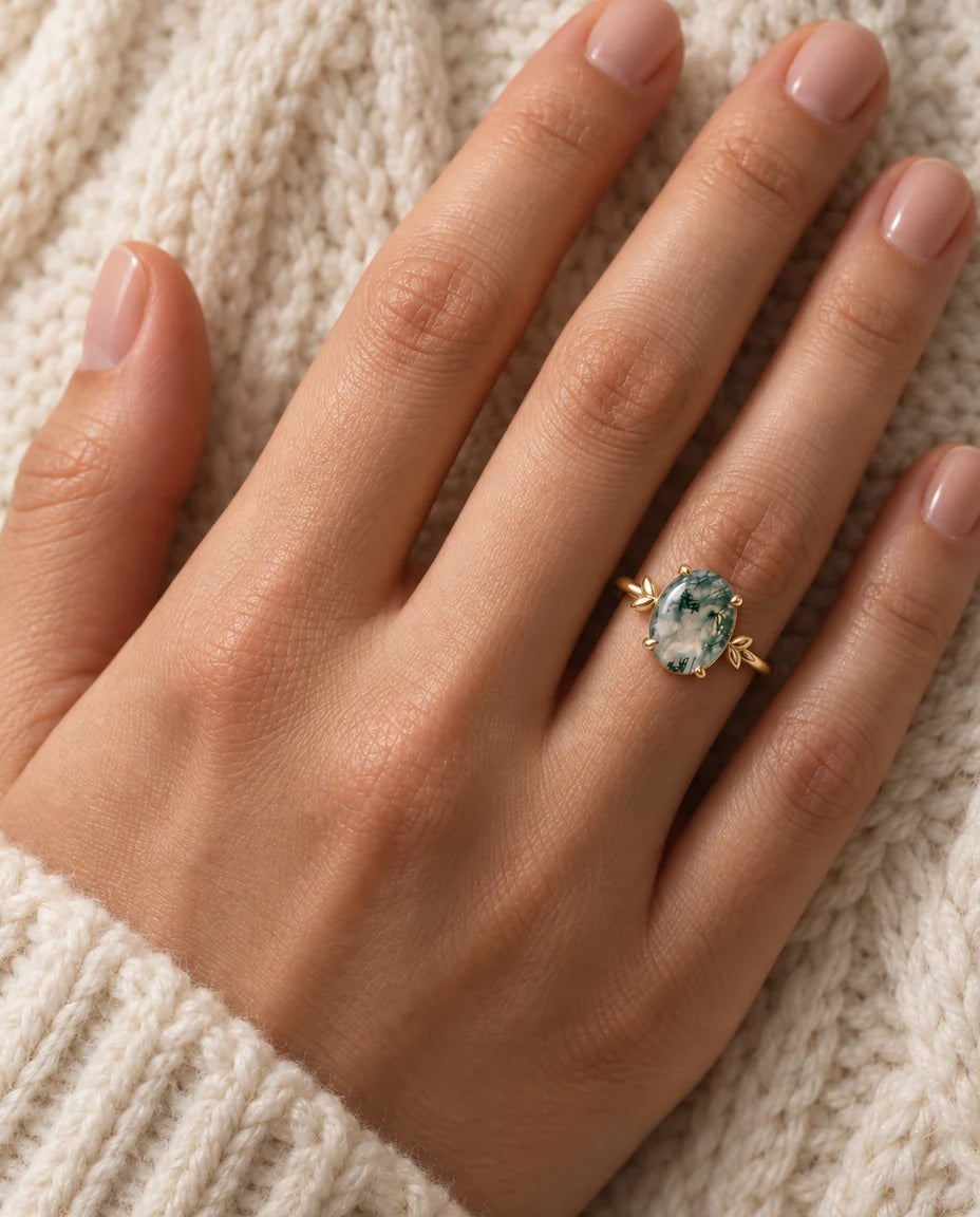 Oval Moss Agate Ring - worn on the hand