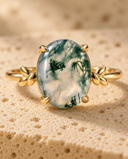 Oval Moss Agate Ring - close-up of the gemstone