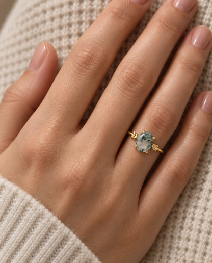 Oval Moss Agate Ring - worn on the hand, close-up