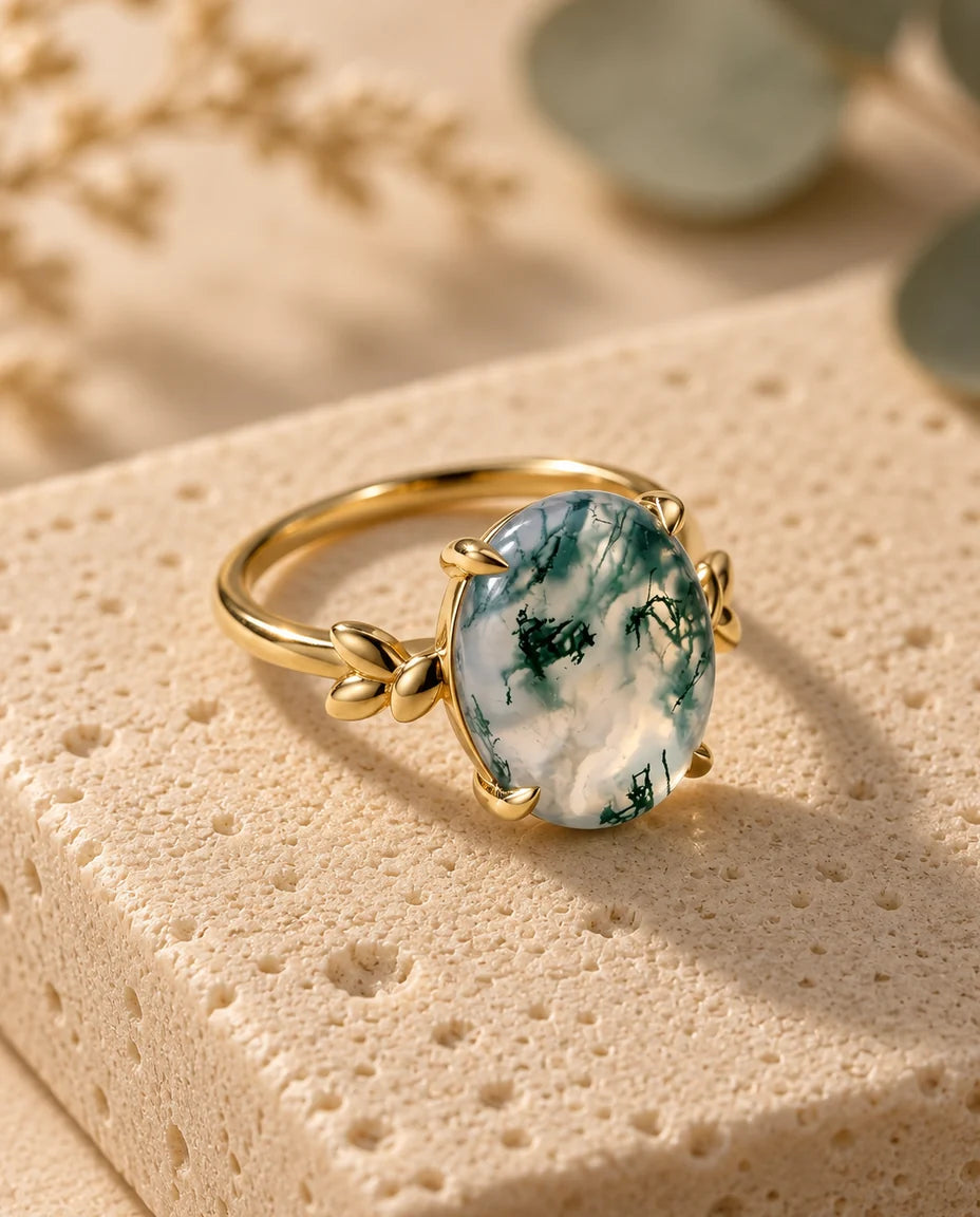 Oval Moss Agate Ring - three-quarter view