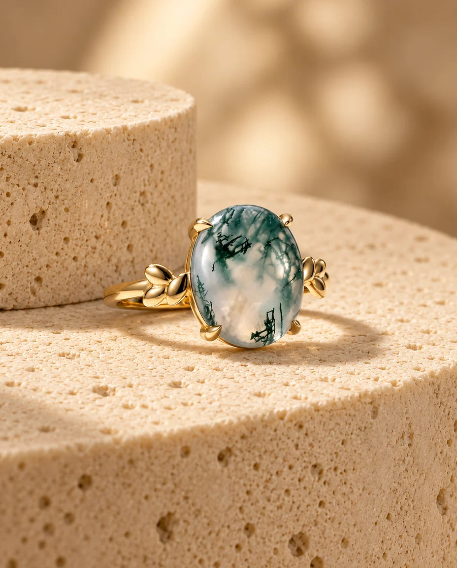 Oval Moss Agate Ring - low-angle view