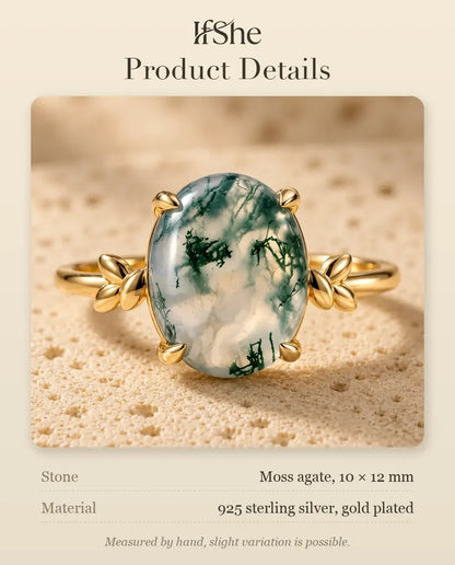 Oval Moss Agate Ring - size and material details