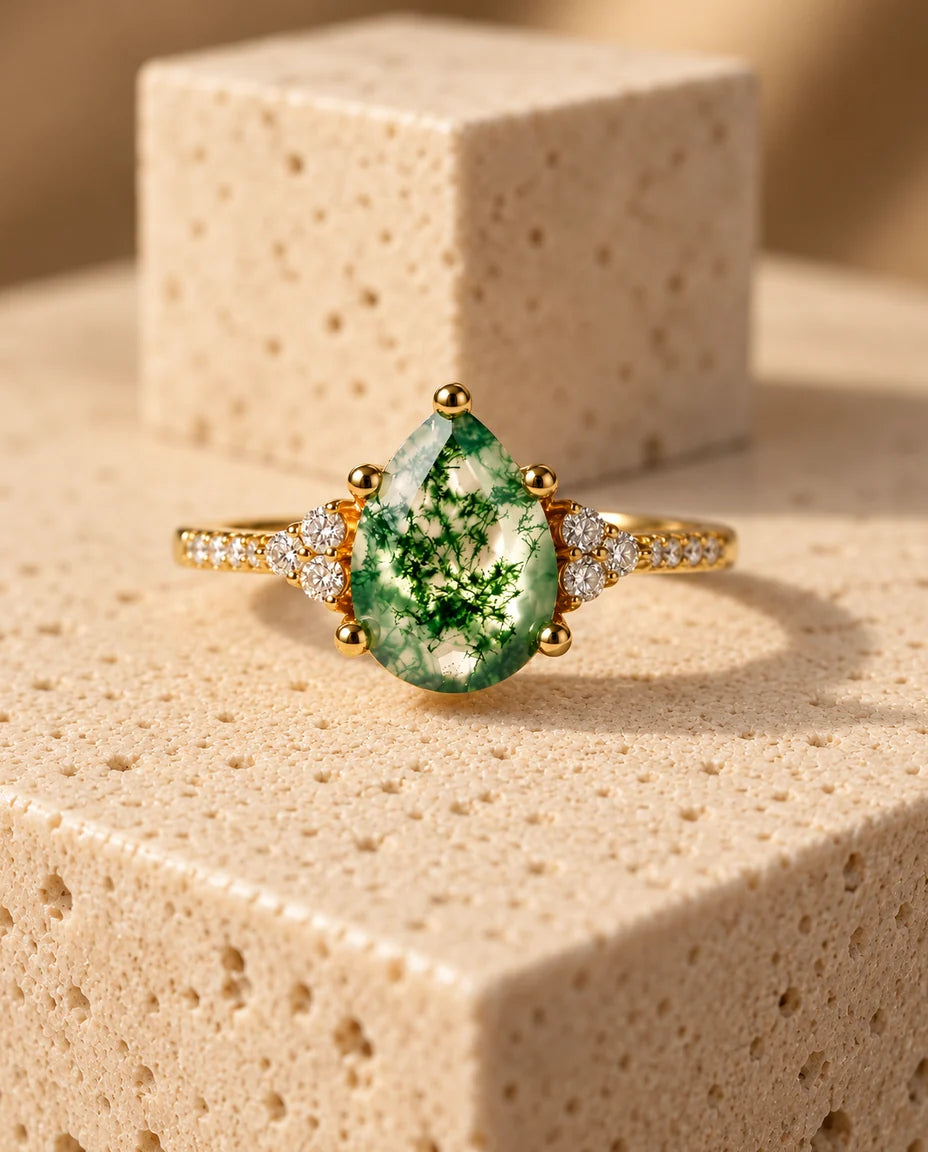 Pear Shaped Moss Agate Ring - front view