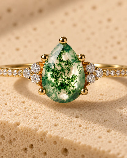 Pear Shaped Moss Agate Ring - close-up of the gemstone