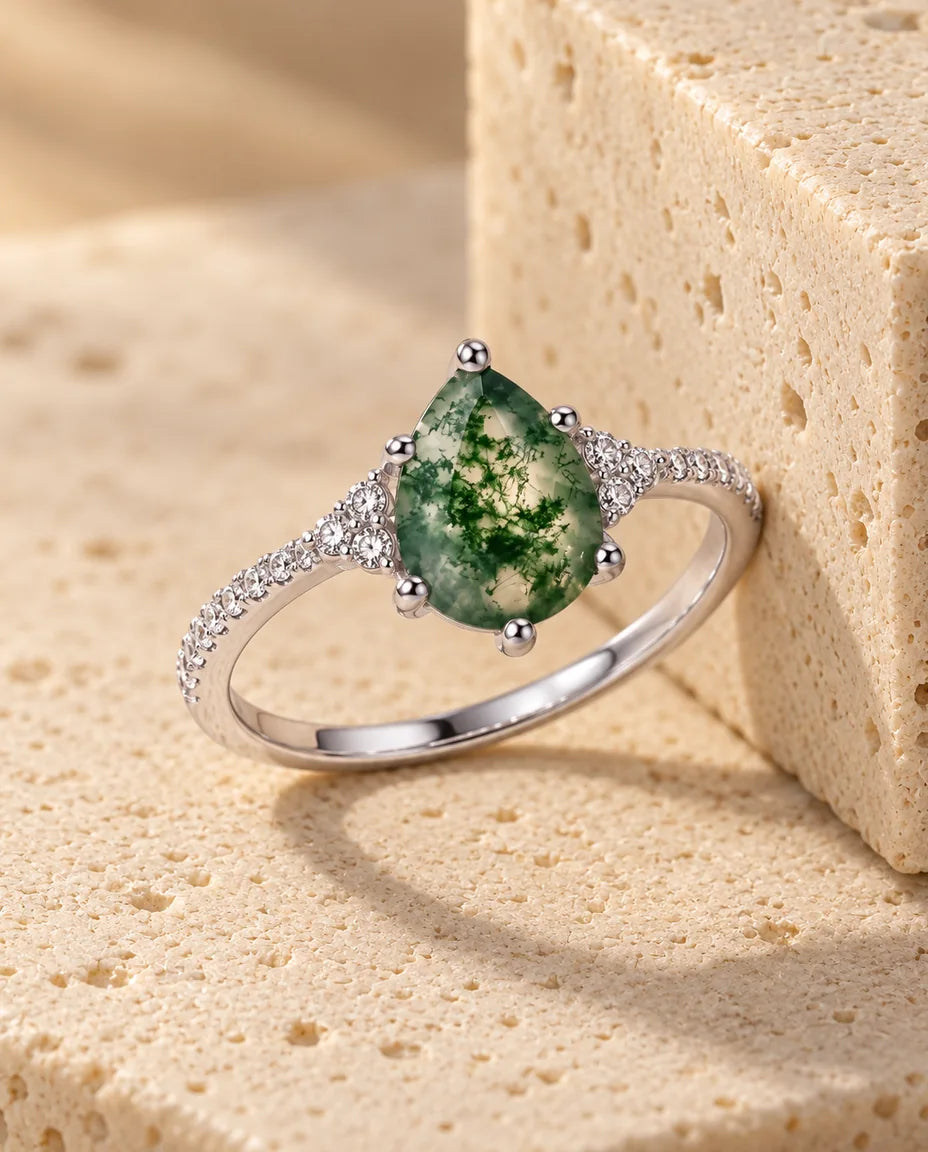 Pear Shaped Moss Agate Ring - in silver finish