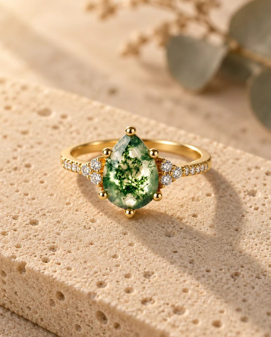 Pear Shaped Moss Agate Ring - three-quarter view