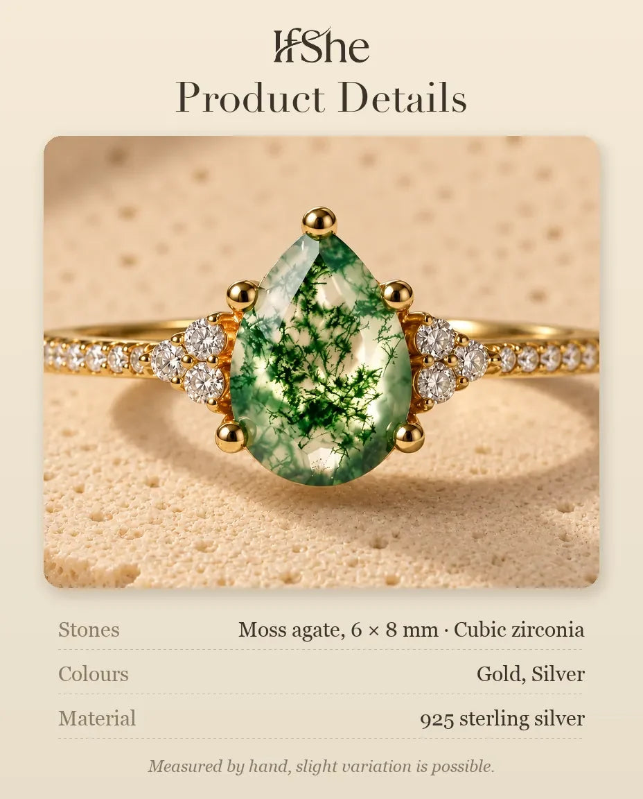 Pear Shaped Moss Agate Ring - size and material details