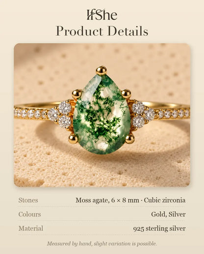 Pear Shaped Moss Agate Ring - size and material details
