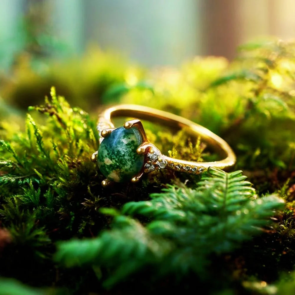 IfShe 6×8mm Pear Moss Agate Ring – 925 Sterling Silver, 10k Gold & White Gold Plated