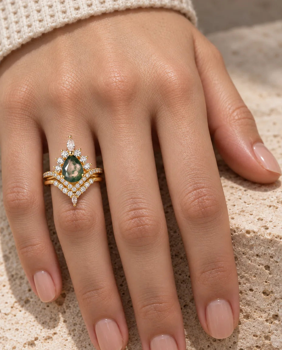 Vintage Pear Moss Agate Bridal Set - worn on the hand