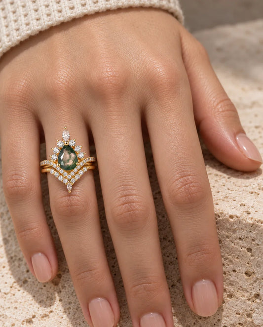 Vintage Pear Moss Agate Bridal Set - worn on the hand