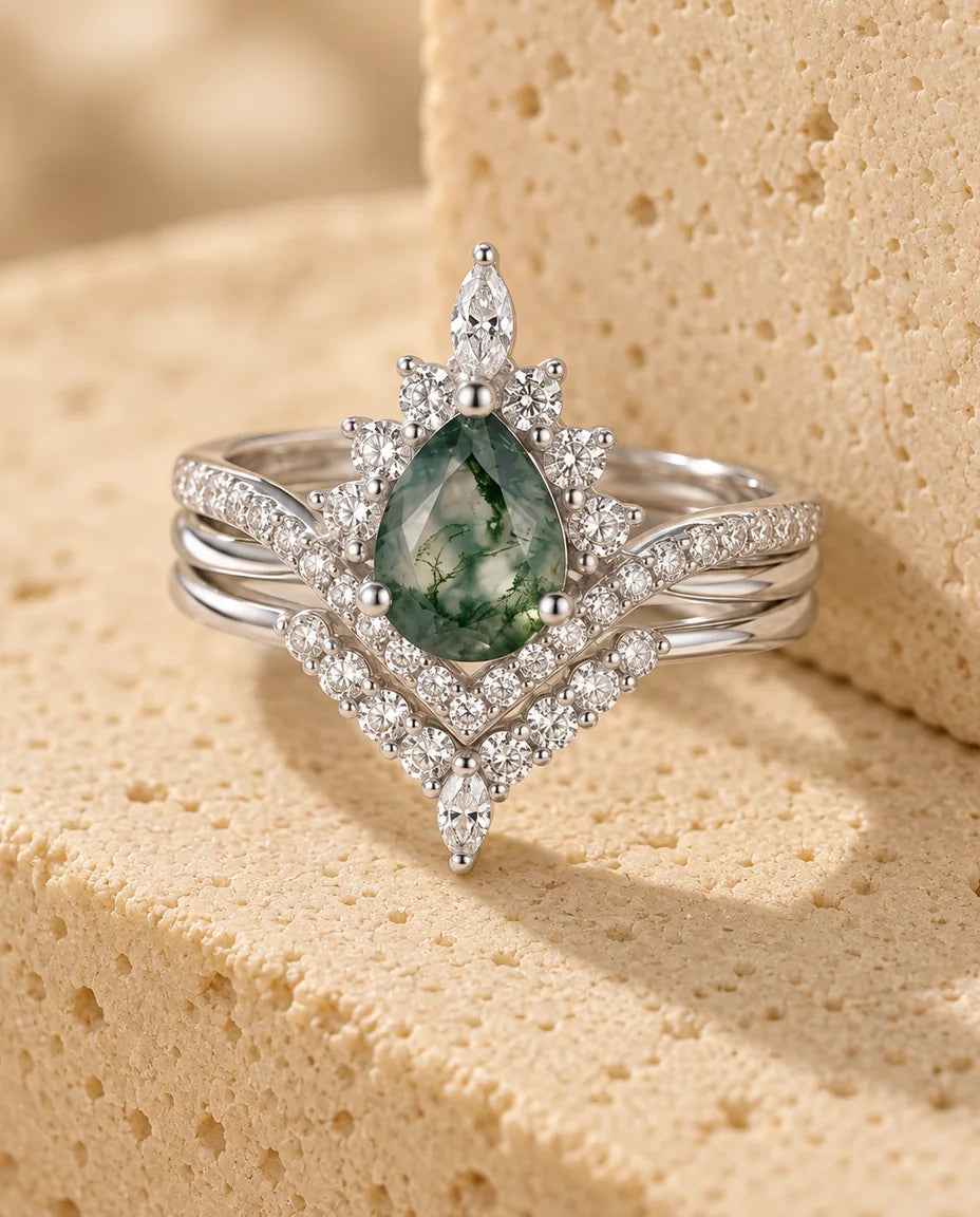 Vintage Pear Moss Agate Bridal Set - in silver finish