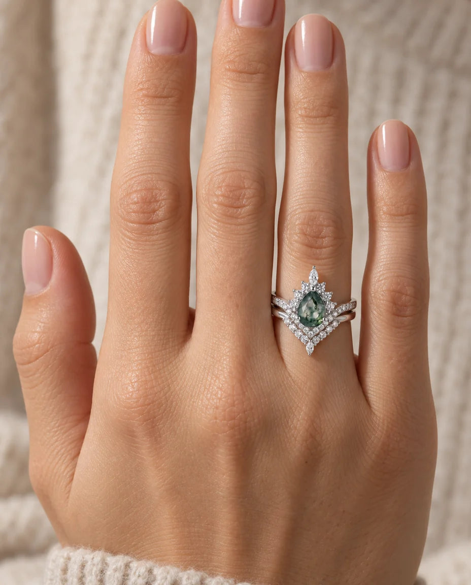 Vintage Pear Moss Agate Bridal Set - worn on the hand, silver finish