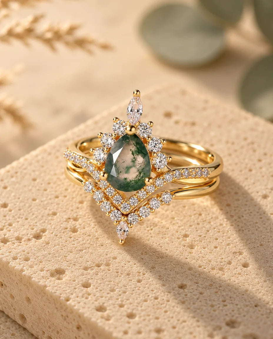 Vintage Pear Moss Agate Bridal Set - three-quarter view