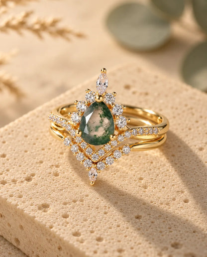 Vintage Pear Moss Agate Bridal Set - three-quarter view