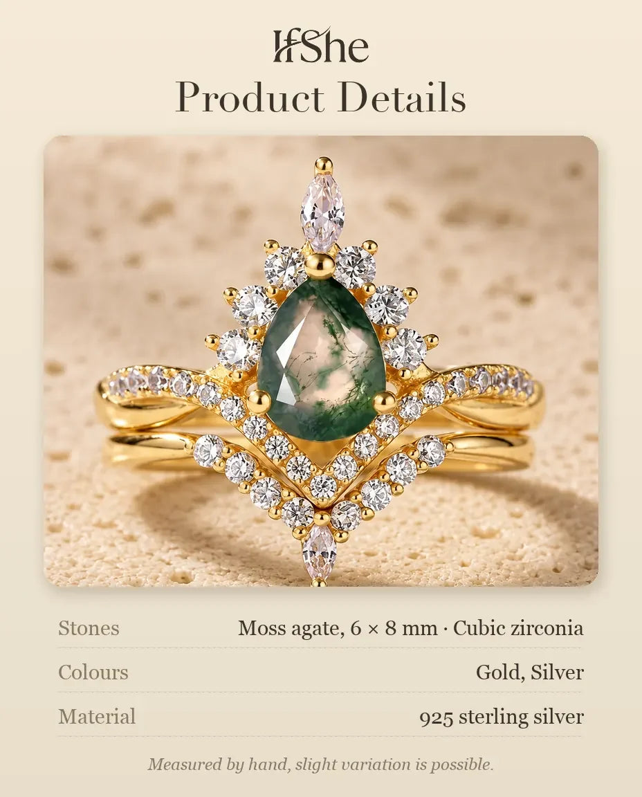 Vintage Pear Moss Agate Bridal Set - size and material details