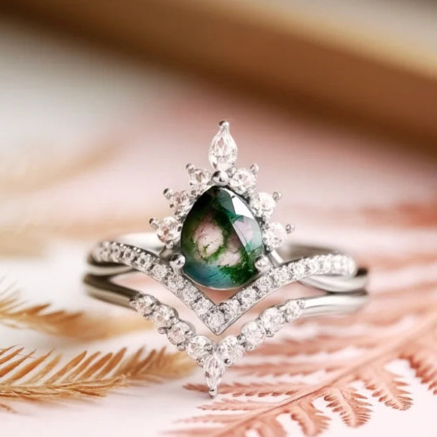 IfShe Pear Shaped Moss Agate Engagement & Wedding Ring Set – 6×8 mm Natural Green Gem in 925 Sterling Silver with 10 k Gold & White Gold Plating