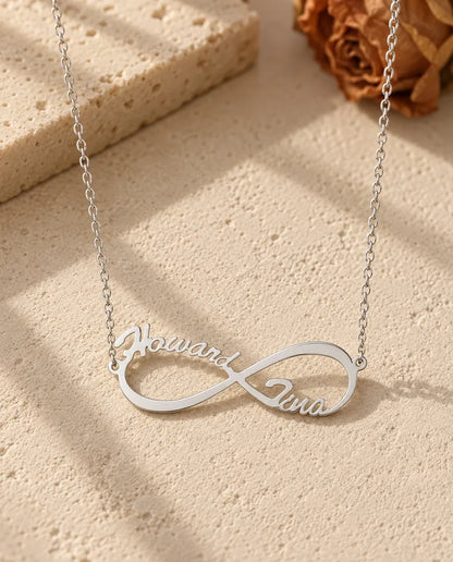 Infinity Two Names Necklace - front view in silver