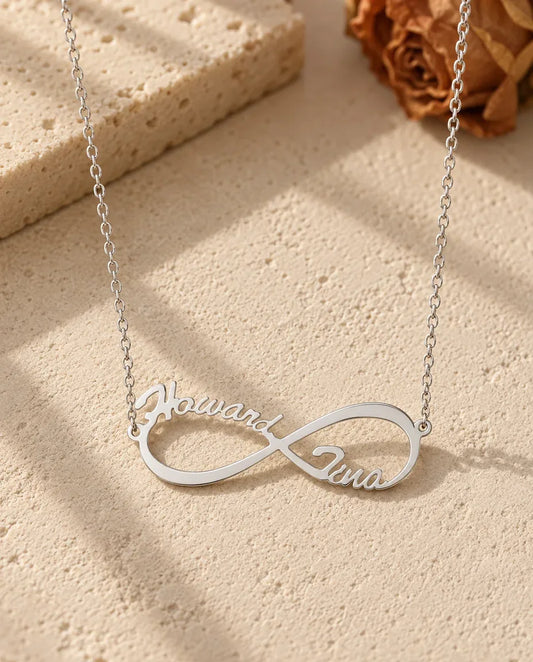 Infinity Two Names Necklace - front view in silver