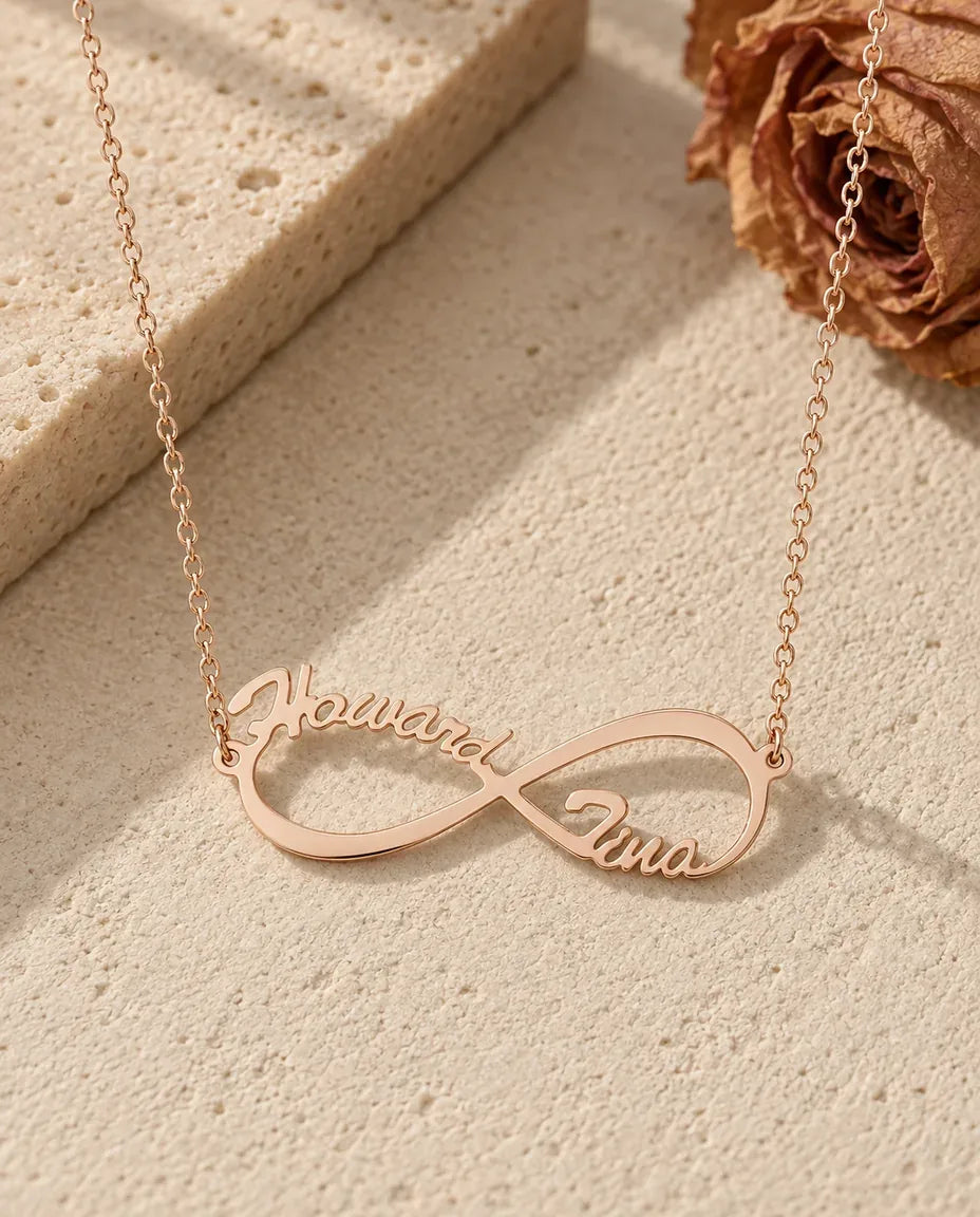 Infinity Two Names Necklace - in rose gold finish