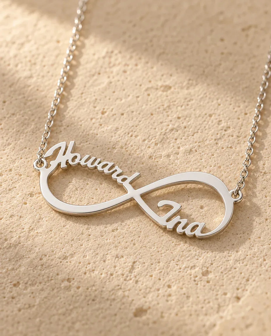 Infinity Two Names Necklace - close-up of the cut-out name