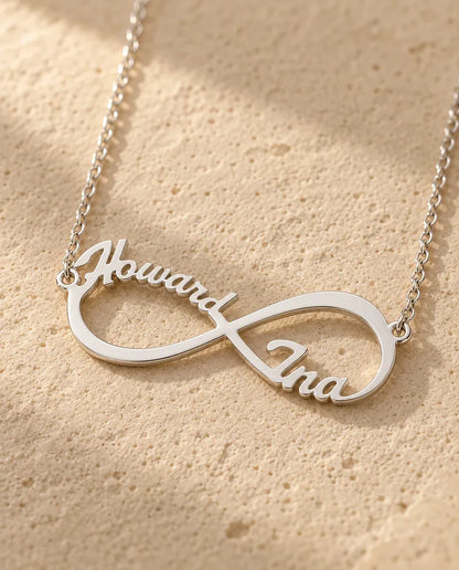 Infinity Two Names Necklace - close-up of the cut-out name