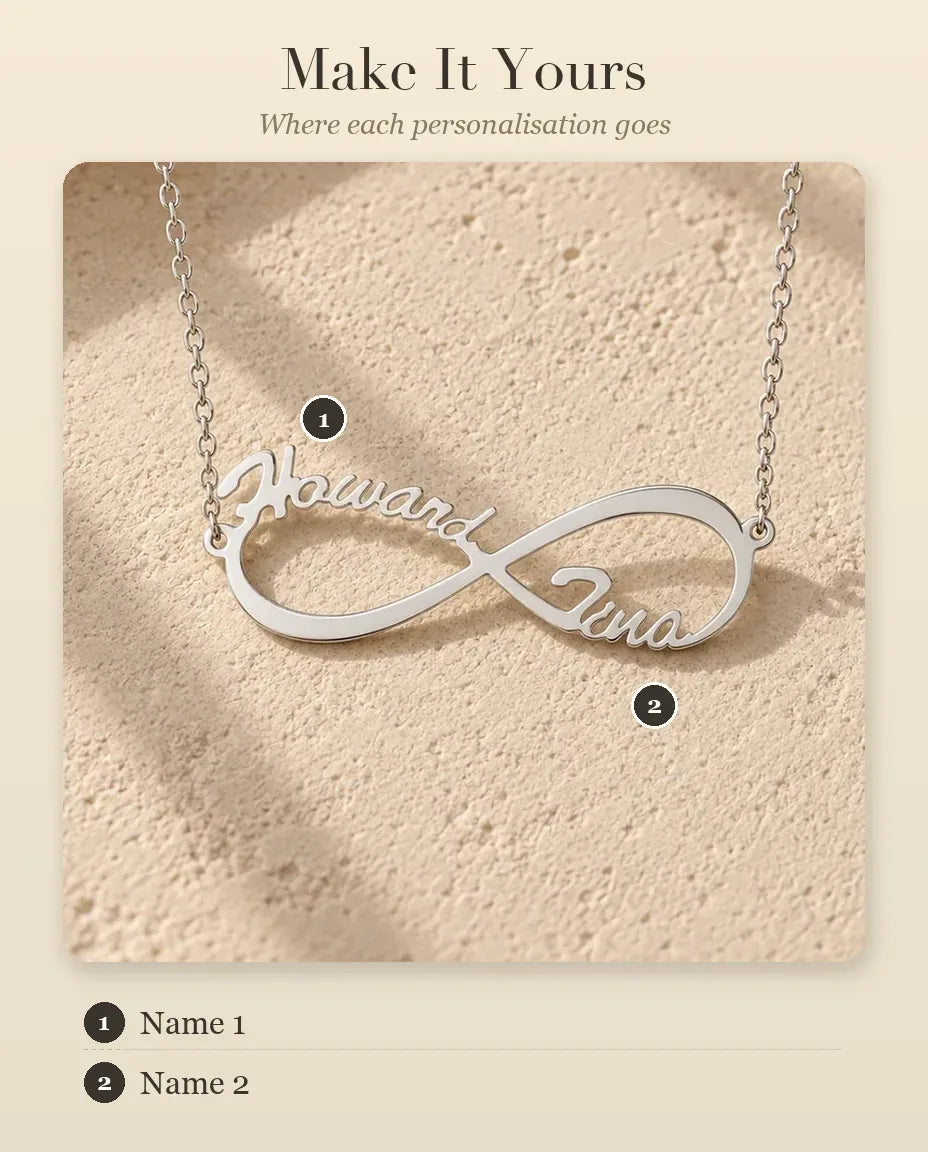 Infinity Two Names Necklace - personalisation guide: where each name goes