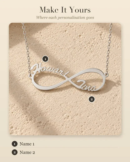 Infinity Two Names Necklace - personalisation guide: where each name goes