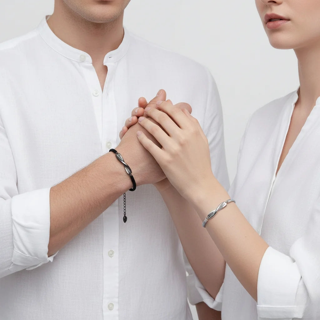 Personalised Couple Bracelets with Engraved Bar and Magnetic Heart Clasp