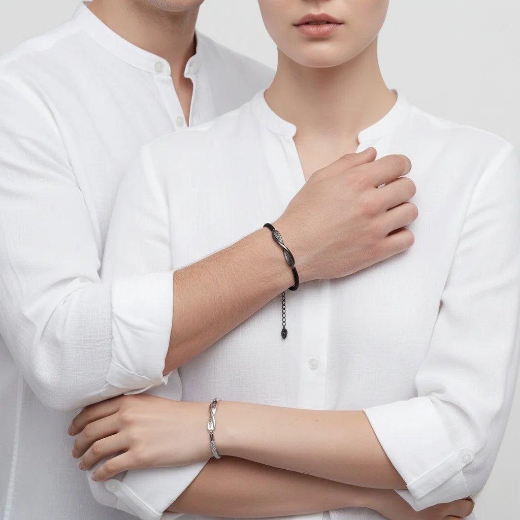 Personalised Couple Bracelets with Engraved Bar and Magnetic Heart Clasp