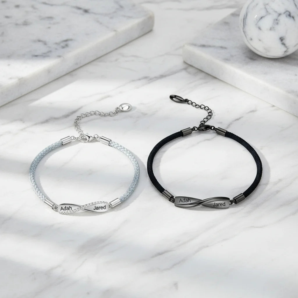 Personalised Couple Bracelets with Engraved Bar and Magnetic Heart Clasp