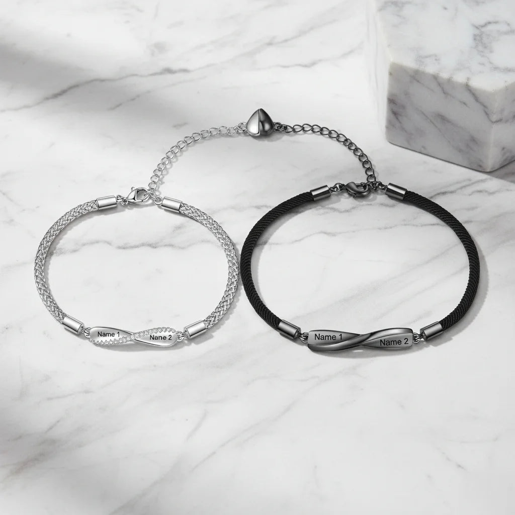 Personalised Couple Bracelets with Engraved Bar and Magnetic Heart Clasp
