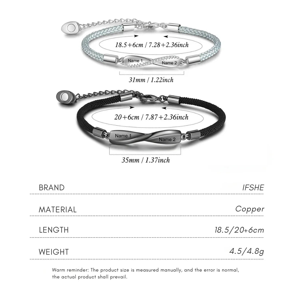 Personalised Couple Bracelets with Engraved Bar and Magnetic Heart Clasp