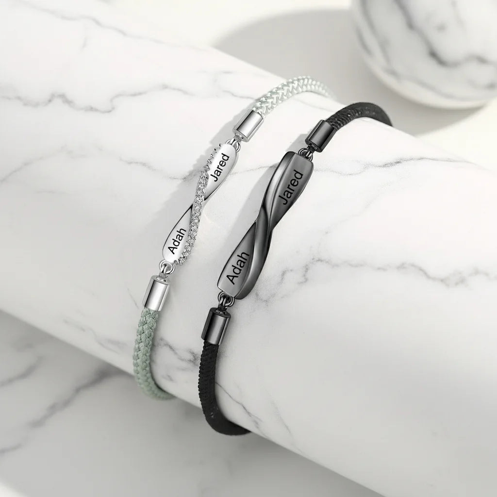 Personalised Couple Bracelets with Engraved Bar and Magnetic Heart Clasp