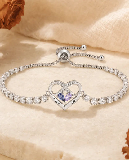 Infinity heart birthstone bracelet with two names, silver tone