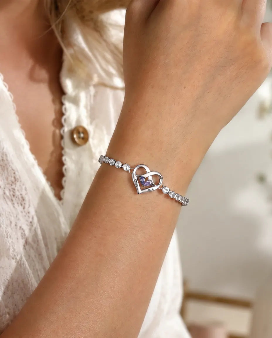 Personalised birthstone bracelet worn on the wrist