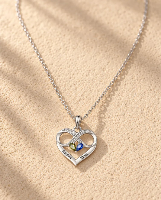 Silver infinity heart birthstone necklace with two engraved names