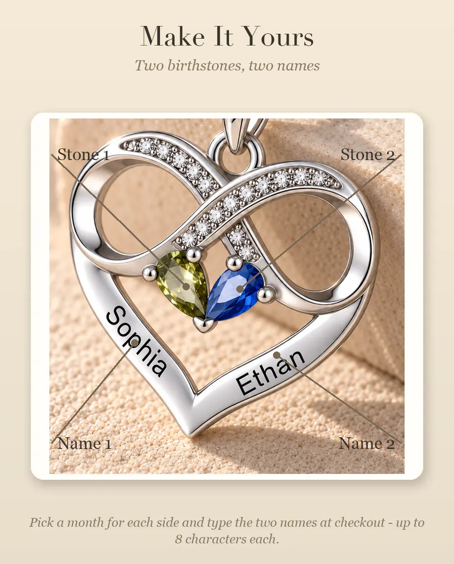 How to personalise the necklace with two birthstones and two names
