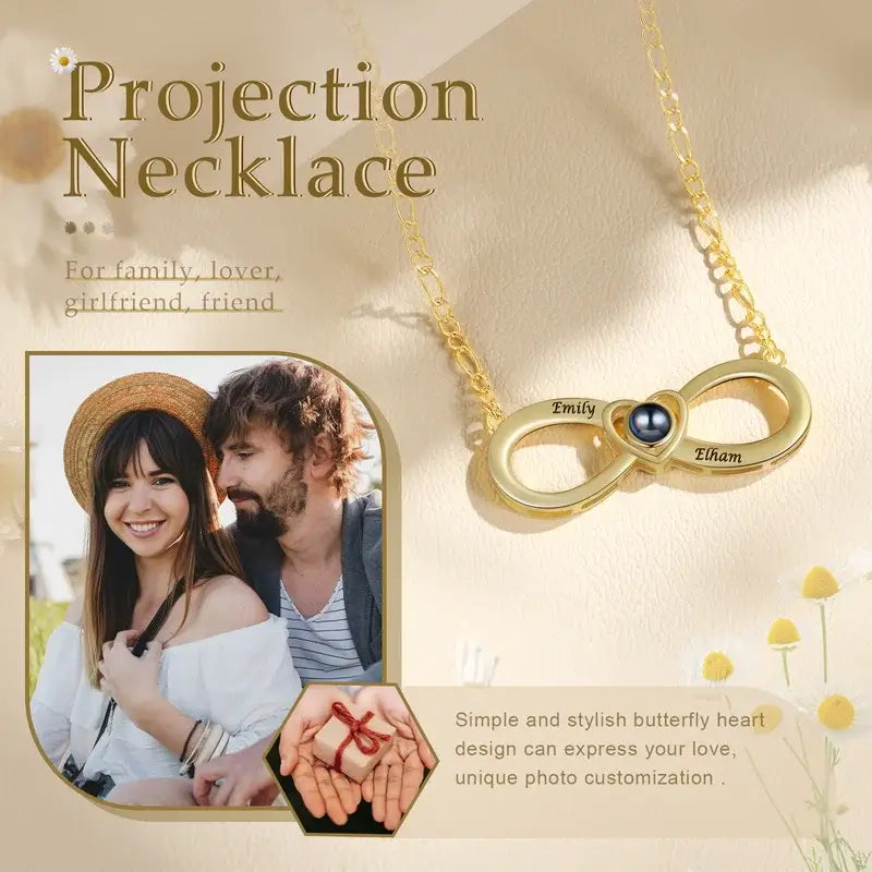 Infinity Heart Photo Projection Necklace, Personalised Necklace with Picture Inside, Engraved Name Necklace