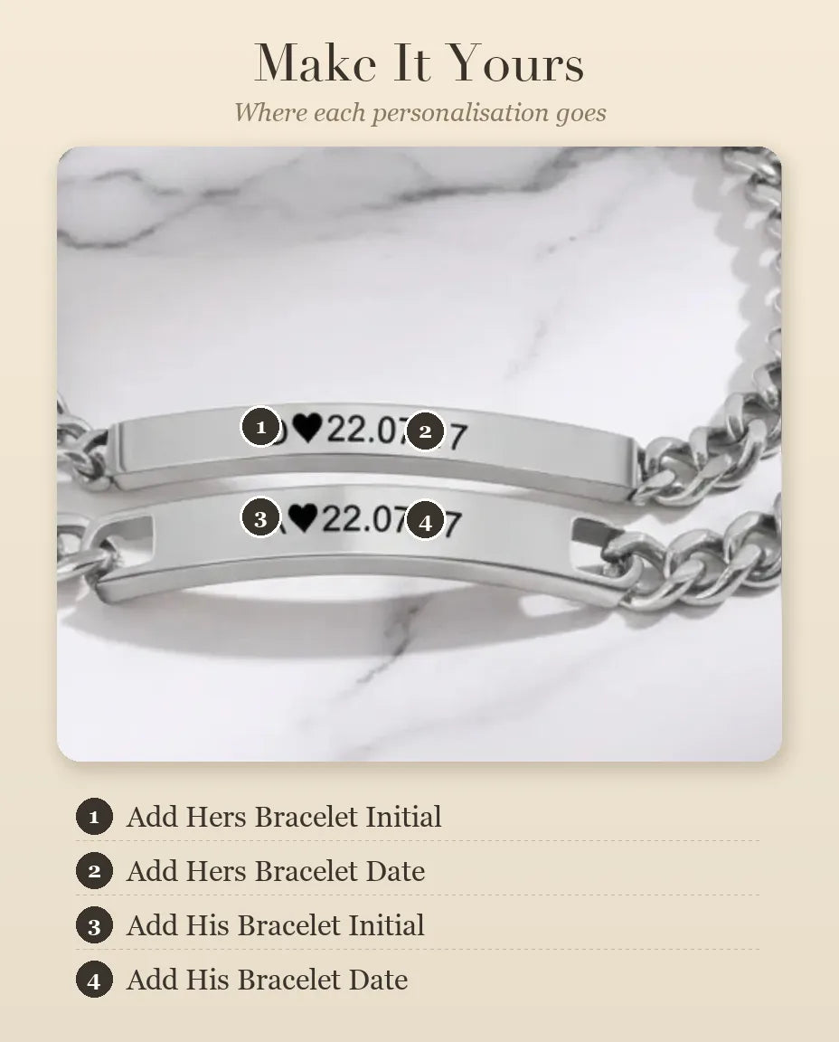 Personalised Bar Engraved Couple Bracelets with Initial & Date, Matchi – personalisation guide
