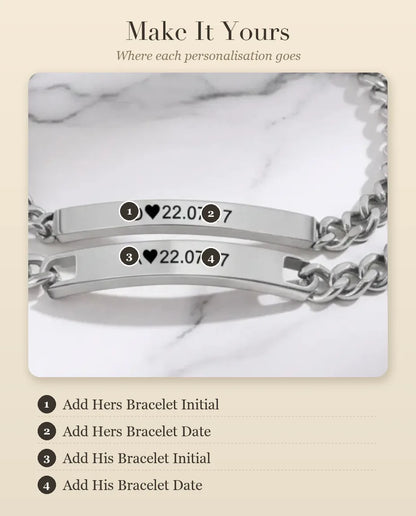 Personalised Bar Engraved Couple Bracelets with Initial & Date, Matchi – personalisation guide