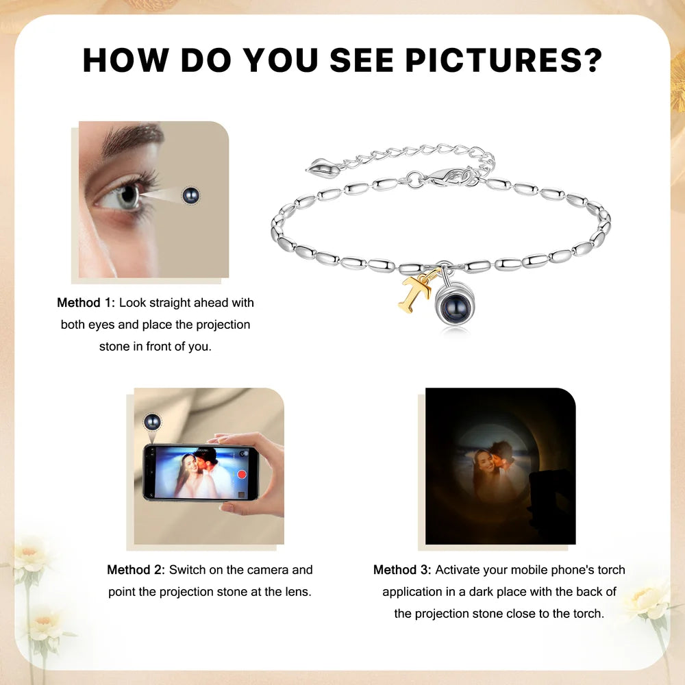 Photo Projection Bracelet with Gold Initial Charm, Initial Bracelet with Picture Inside