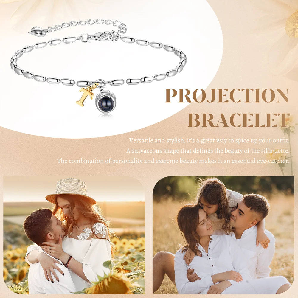 Photo Projection Bracelet with Gold Initial Charm, Initial Bracelet with Picture Inside