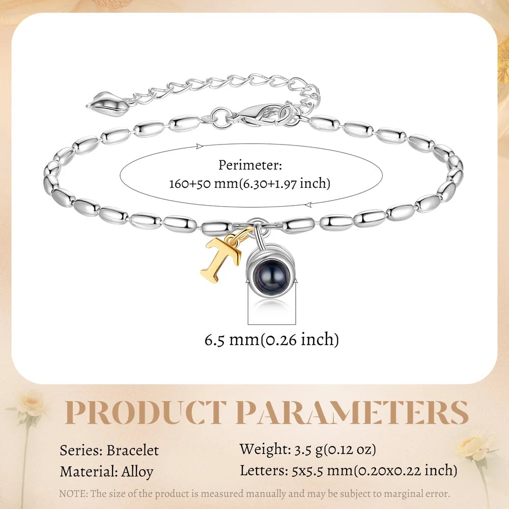 Photo Projection Bracelet with Gold Initial Charm, Initial Bracelet with Picture Inside