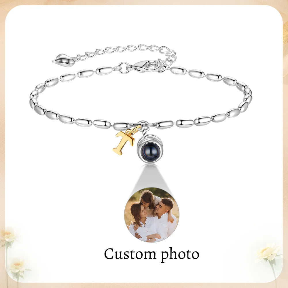 Photo Projection Bracelet with Gold Initial Charm, Initial Bracelet with Picture Inside