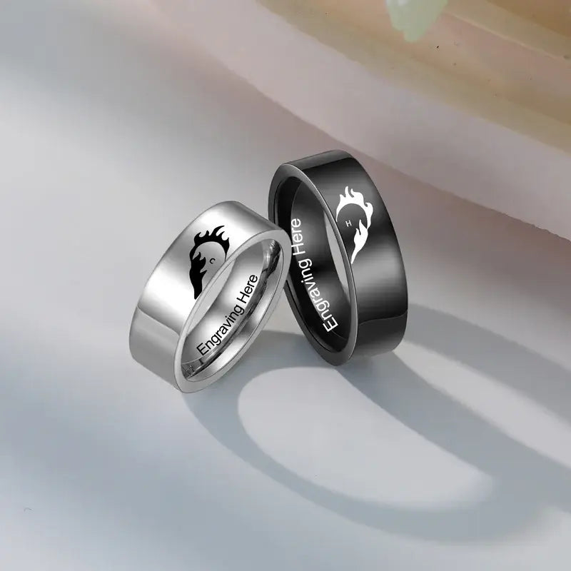 Initial Couple Rings | Heart Matching Rings | His and Hers Ring with Engraving