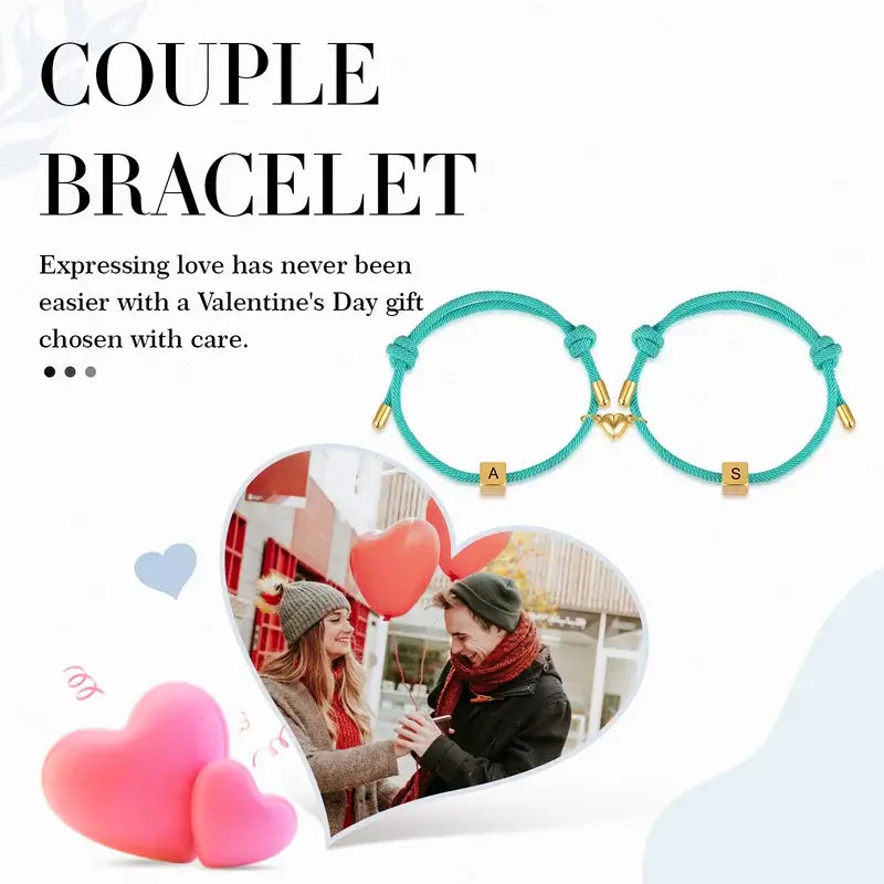 Initial Couple Bracelets | Matching Bracelets for Couples | Magnetic Heart Charms | 12 Colours
