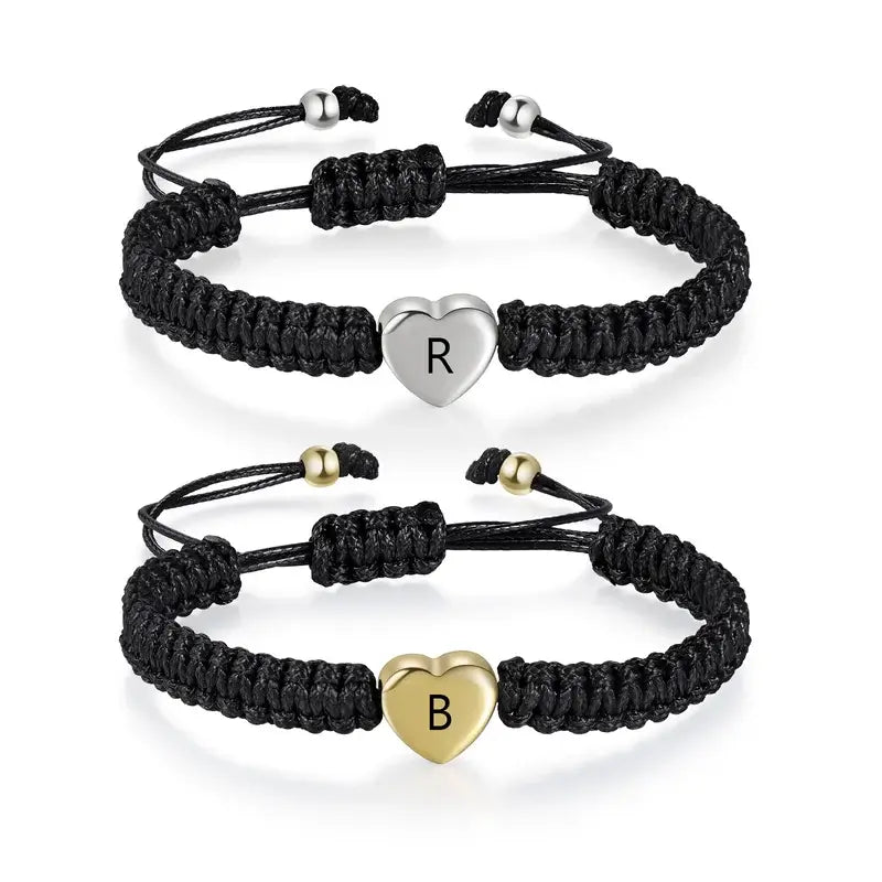 Matching Bracelets for Couples | Heart Charm Initial Couple Bracelets | His and Her Rope Initial Bracelets
