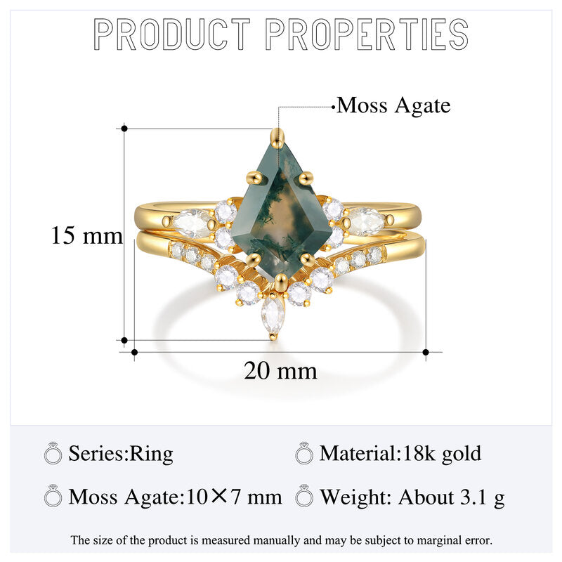 Kite Cut Moss Agate Engagement Ring Set with Moissanite 18K Yellow Gold